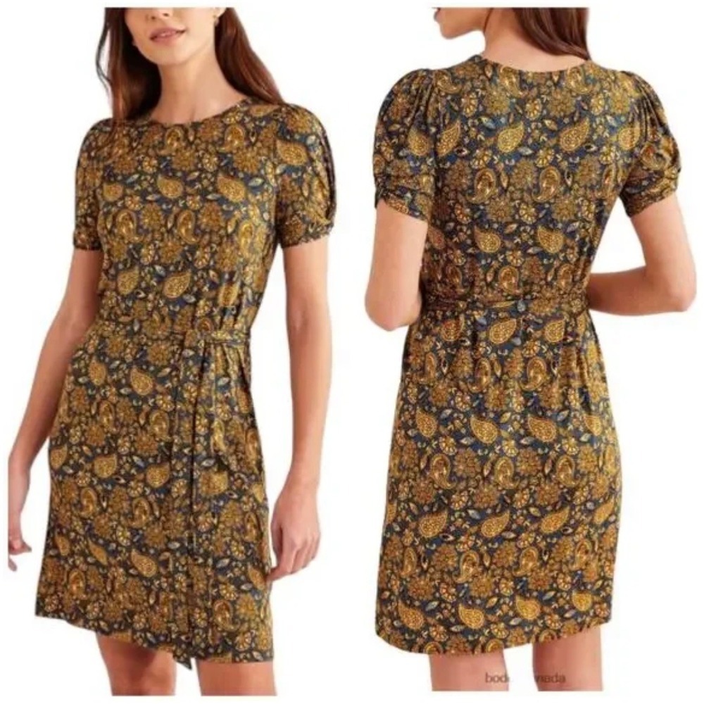 Boden Knot Detail Jersey Mini Dress Harvest Gold Paisley Terrace Women's Size 8R